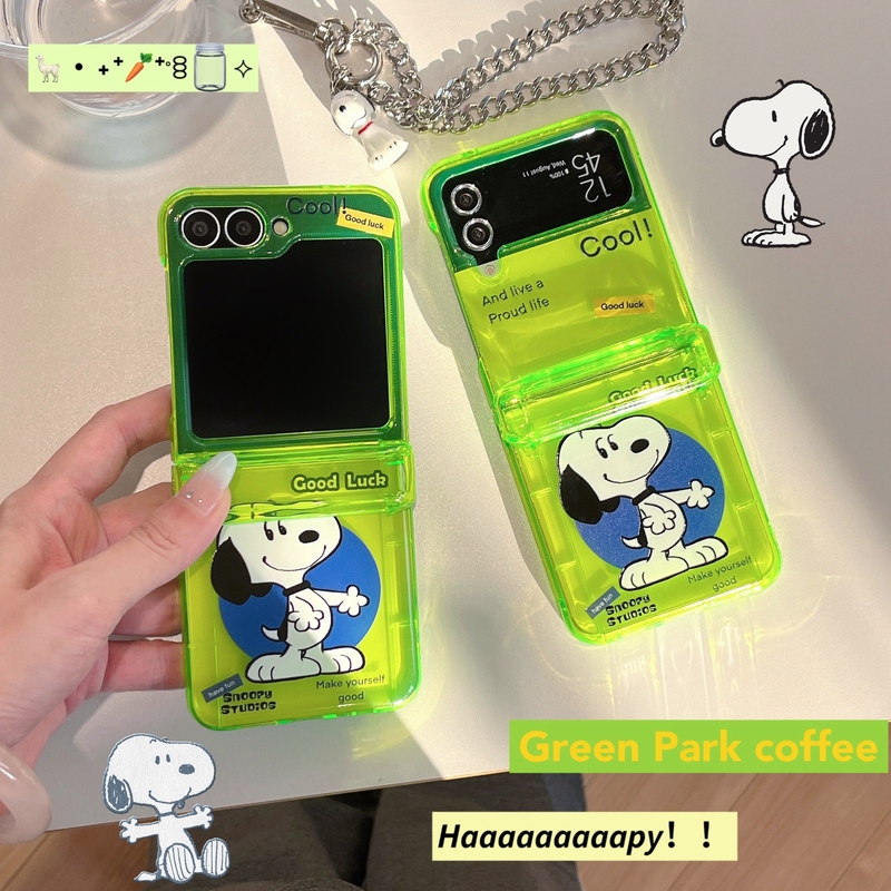 Wallets - เคสโทรศัพท์ลายการ์ตูนสนูปปี้น่ารัก สีเขียวสะท้อนแสง พร้อมช่องใส่บัตร สำหรับ Samsung Galaxy